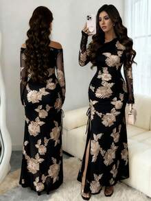 SHEIN Raffinéa 女士提花网纱不对称开衩连衣裙 - 黑色 - 查看 2