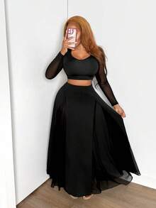 BamGleam Women's Knit Top And Sheer Skirt 2 Pieces Set - Black - View 1