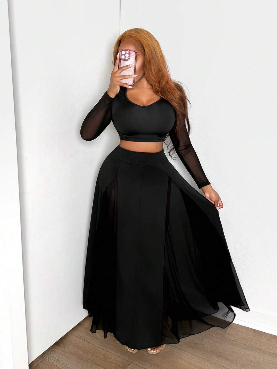 BamGleam Women's Knit Top And Sheer Skirt 2 Pieces Set - Black - View 1