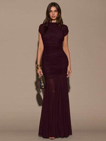 SHEIN BAE Women's Burgundy Sleeveless Round Neck Ruched Bodycon Dress, Elegant Venus Lady Extra Long Dress, Suitable For Cocktail Parties, Romantic Dates, Autumn/Winter Layering, Parties, Formal Gatherings, Women's Winter Dresses, Elegant Party Dresses, Women's Elegant Dresses, , Elegant Party Dresses. Wine Dress