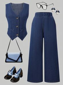 SHEIN Tween Girl Casual Top And Pants Set, Basic V-Neck Sleeveless Top With Loose Straight Leg Jeans, Suitable For Beach, Vacation, Casual Parties And Holidays In Spring, Summer And Autumn - Dark Wash - View 5