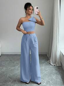 Elenzga 女士优雅时尚通勤休闲舒适迷人度假无袖不对称大蝴蝶结装饰后背抽绳腰直筒裤纯色纹理面料两件套 - 藍色 - 查看 5