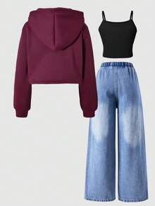 SHEIN Explorewe Bộ 3 món: Áo hoodie ngắn in tên thành phố Tween, áo hai dây đeo vai đơn giản và quần jeans ống rộng rách - Màu Đỏ Sâu - Xem 4