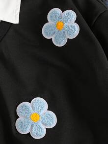 少女卫衣，休闲学院风百搭二合一卫衣衬衫领，数字字母印花豹纹图案，宽松版型 - 黑色 - 查看 6