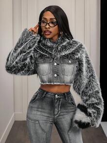 Slaydiva Women's Patchwork Faux Fur Collar Single-Breasted Frayed Hem Denim Jacket - Blue - View 1