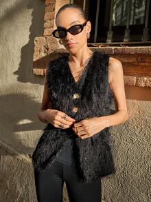 Maija Women's Autumn/Winter Metal Single-Breasted Furry Vest, Regular Jacket Black Vest Women Feather Vest Button Vest - Black - View 7