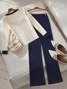 SHEIN Franclia Women's Elegant Long Sleeve And Long Pants 2 Pieces Set 2 Piece Casual Sets Woman Nautical Outfits For Women French Style Clothes Sailor Outfit Women Yacht Outfit - Navy Blue - View 2