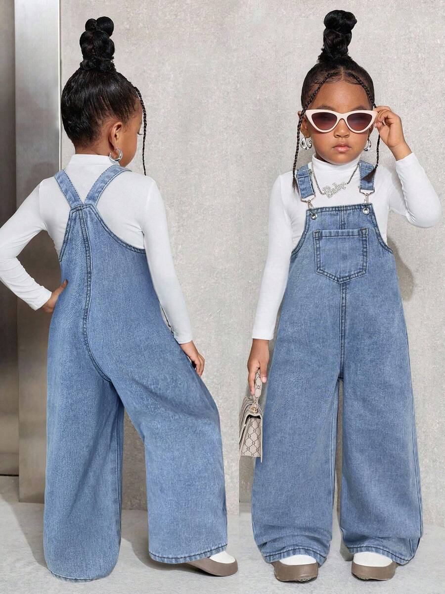 SHEIN Young Girl Fashionable Sleeveless Loose Casual Dark Blue Denim Bib Pants - Light Wash - View 1