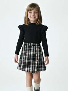 Maija Kids 年轻女孩黑色针织盖袖T恤和黑白格子裙休闲两件套 - 黑與白 - 查看 4
