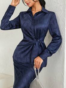 Veilorie Women's Long Sleeve Button Waist Twist Blouse And Fish Tail Midi Skirt Elegant 2 Pieces Set - Navy Blue - View 2