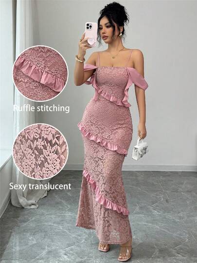 Rafferiza Vestido de encaje rosa estilo Pure Desire con cuello halter para mujer, vestido maxi con hombros descubiertos, volantes y ajuste ceñido para otoño e invierno