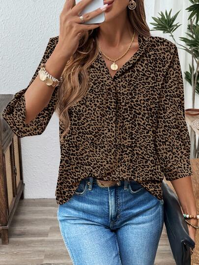 EMERY ROSE Plus Size Casual Leopard Print Bishop Sleeve Shirt, Western Wear Women, Boho, Hippie, Cowgirl, Bohemian, Old Money,Summer For Women, Concert Women, Rave Festival Summer Boho Old Money Summer For Women Spring Break Rave Festival Spring Break Leopard Print Top Long Sleeve Blouse Animal Print Top Leopard Shirt Women V Neck BlouseIn  Cheetah Print Top Women Long Sleeve Blouse,