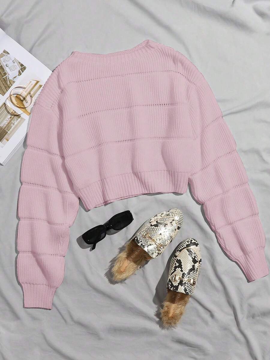 Franclia Casual Solid Color Cropped Sweater, Autumn - Baby Pink - View 1