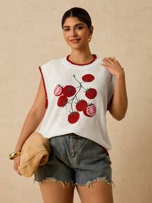 SHEIN VCAY Plus Size Tomato Print Contrast Trim Knit Vest - White - View 4