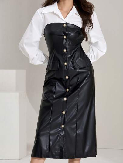 Heiryn Women's Fashionable Elegant Contrast Color Single-Breasted Mid-Length Dress Faux Leather Dress French Style Dress Leather Dress For Women