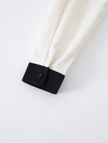 少女撞色饰边纽扣前褶优雅长袖连衣裙 - 白色 - 查看 5