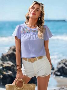 Sylviya Women's Floral Embroidered Striped Round Neck Short Sleeve Casual Shirt - Blue and White - View 3