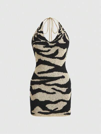 Grunge Punk Sexy Y2K Vintage Halter Zebra & Leopard Print Metallic Glitter Knit Dress