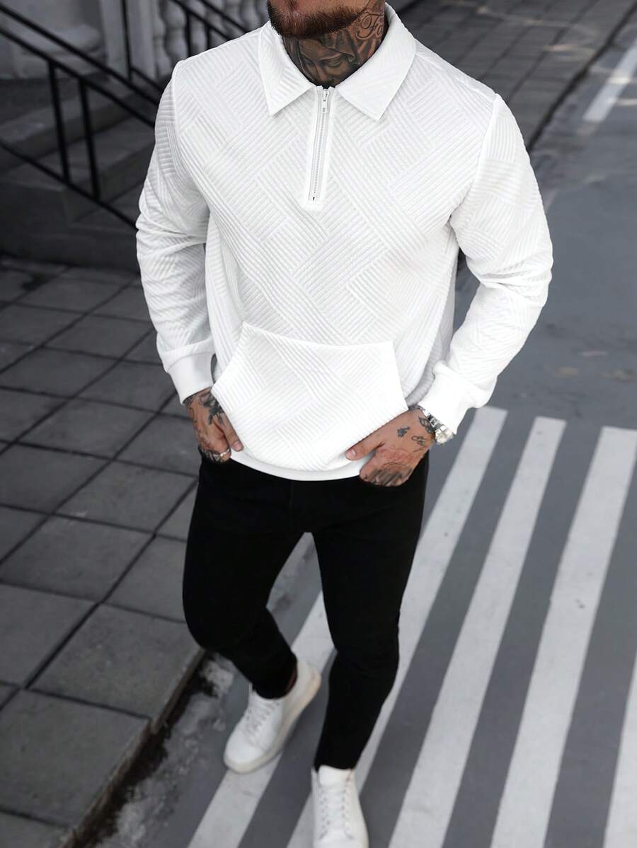 Manfinity Homme Men's White Pullover Quarter Zip Sweatshirt, Mature Casual Everyday Versatile Style Men Knit Streetwear Sweatshirt White Long Sleeve Men Long Sleeve Sweatshirt - White - View 1