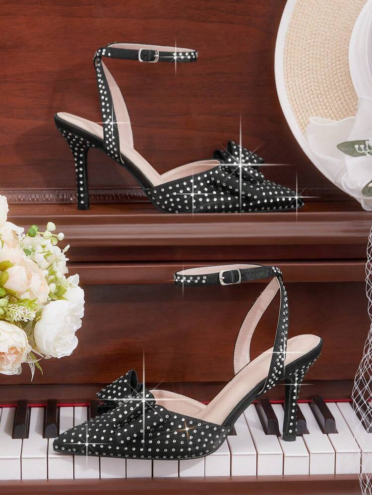CUCCOO HITCHD Women's Fashionable Elegant Party Rhinestone Bow Decor Pointed Toe Pumps For Christmas
