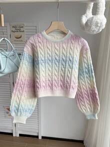 SHEIN 少女毛衣，一件式麻花针织短款毛衣 - 圆领泡泡袖套头衫，简约扭绳设计，轻盈透气，适合上学和休闲穿着，春秋季可爱款 - 彩色 - 查看 4