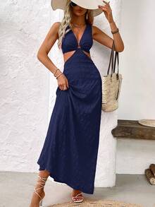 Breezaya Kvinnor Fashionabla Back Hollow Out Strap Texture Dress Maxi Vacation Beach Outfit - Marinblå - Visa 4