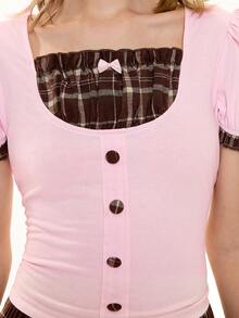 ROMWE Kawaii 女士格子泡泡袖纽扣设计上衣和蛋糕裙裤时尚两件套 - 棕色 - 查看 6