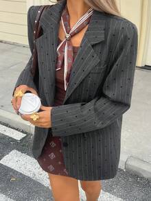 Livesso Women's Loose Business Casual Commuter Elegant Embroidered Heart Allover Striped Fashion Street Chic Blazer, Suitable For Autumn, Winter, Spring