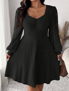 SHEIN Frenchy Đầm ngắn tay dài cổ tim màu trơn cỡ lớn thường ngày - màu đen - Xem 6