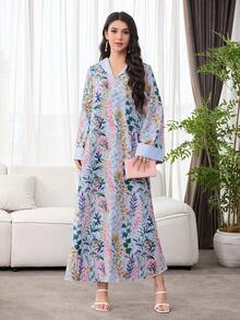 SHEIN Najma 优雅印花长袖宽松阿拉伯风格女式连衣裙 - 彩色 - 查看 1