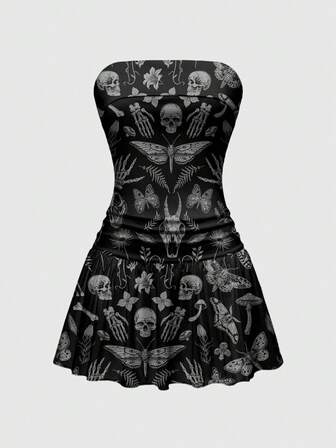 Goth فستان قصير أسود مشدود بخصر منخفض مطوي على شكل خط A مع طبعات ورقية هيكلية عظمية وطبيعية، مناسب للنساء