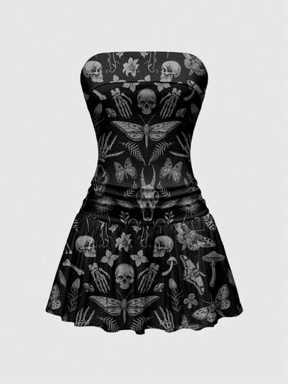 Gothic Dark Goth Skeleton Leaf Plant Nature Sexy Crop Top Elastic Low Waist Ruched A-Line Dress For Women