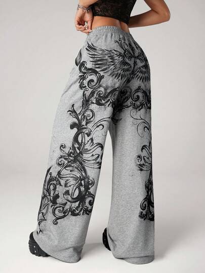 SHEIN ICON Women's Punk Positioning Print Oversized Casual Low Waist Women Pants Flared Sweatpants Goth Pants