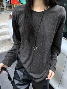 DAZY 水钻装饰圆领宽松长袖女式T恤 - 灰色 - 查看 1