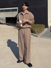DAZY 2pcs Men's Solid Color Khaki Shirt Loose Pants Suit Set, Spring/Autumn Quarter Zip Men - Khaki - View 3