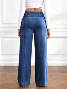 Flexra 女士宽松高腰阔腿休闲牛仔裤 - 中等水洗藍 - 查看 2