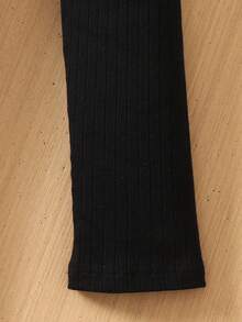 SHEIN Teen Girl Knit Cap Sleeve Round Neck Long Sleeve T-Shirt & Plaid Mini Skirt Casual 2-Piece Set - Black and White - View 3