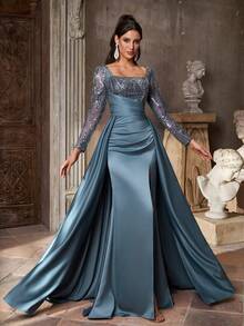 Aureia Elegantes, luxuriöses Meerjungfrauenkleid im Maxilänge mit Blumen, Perlen und Pailletten, durchsichtige lange Ärmel und ausgestellter Saum, geeignet für Hochzeiten, Partys, Urlaub, Galas, formelle Anlässe (starke Verzierung) - blauer See - Übersicht 7