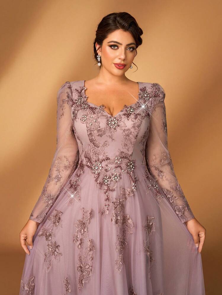 Serin Vestido Longo de Manga Longa com Decote Coração, Bordado com Lantejoulas Elegante e Luxuoso em Cinza-Roxo, Design com Aplicação Extra Rodado, Adequado para Festa à Noite, Encontro, Baile, Férias, Casamento, Vestido de Mãe da Noiva - Roxo - Visão 4