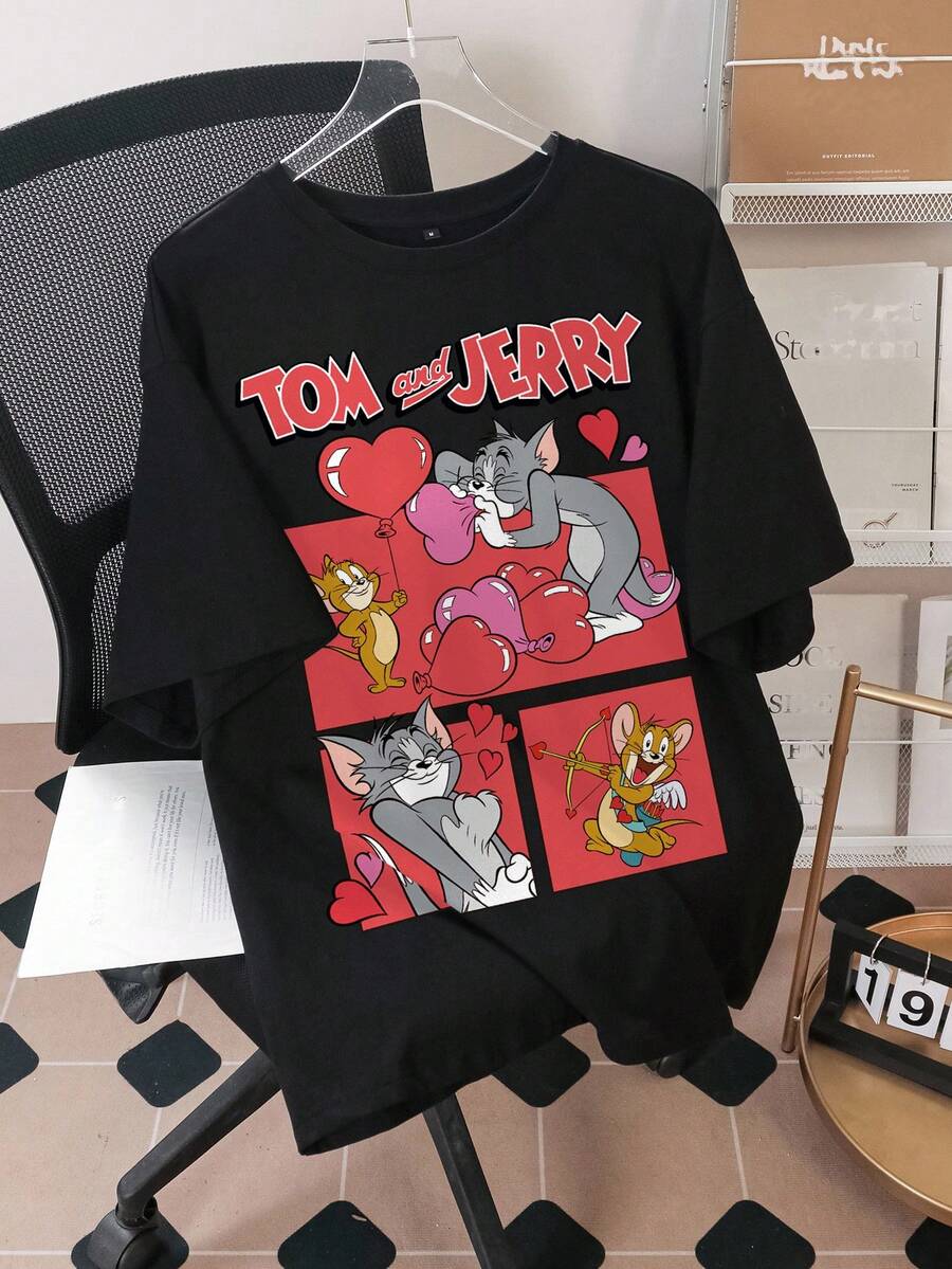 TOM & JERRY X SHEIN Men's Casual Street Daily Commute Funny Cartoon Letter Graphic Loose Fit Black T-Shirt, Suitable For Summer And Valentine's Day - Black - View 1