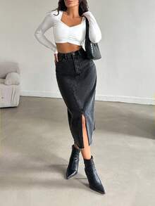 SHEIN PETITE Petite High Waist Front Slit Denim Skirt - Black - View 4