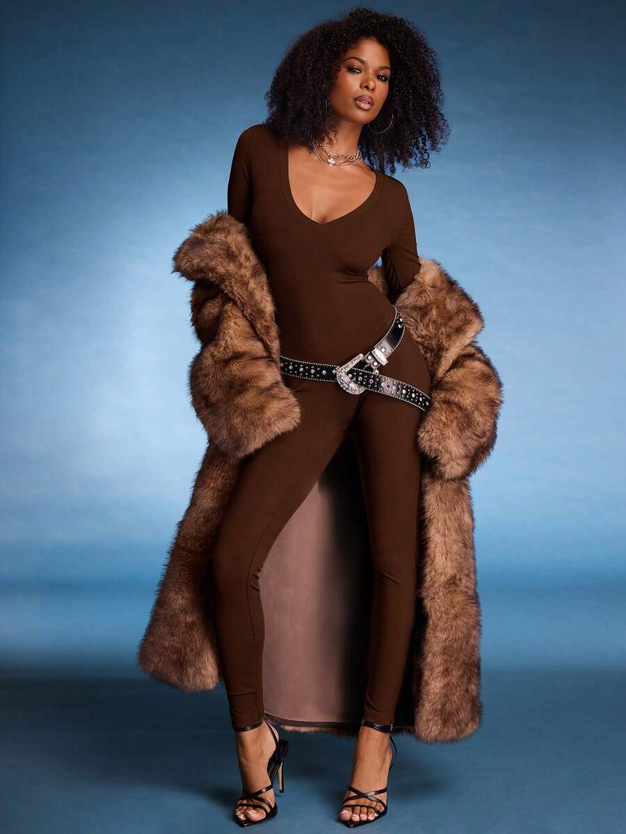 Normani Ladies' Deep V-Neck Solid Color Unitards For Summer Fall Cloth For Women - Coffee Brown - View 1