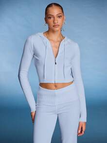 Normani 2pcs Set: Hooded Zip-Up Cardigan And High Waist Ruched Flared Pants In Fall/Winter - Blue - View 5
