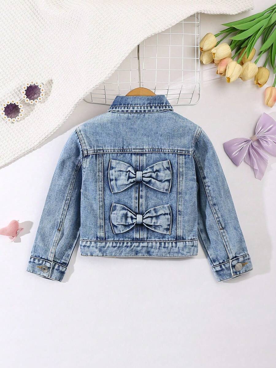 Elladie kids Young Girl' Denim Jacket And Coat, New Arrival. Casual Sweet Bow Decor Light Wash Blue Denim Jacket For Girls, Comfortable For Daily Activities And Outings. Suitable For Wearing In Winter And Spring.