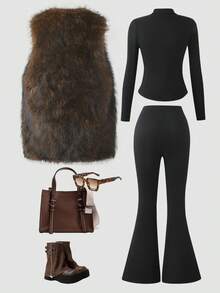 Tween Mädchen Outfit, bestehend aus lässiger, ärmelloser, flauschiger Weste, kombiniert mit einem langärmeligen, stehkragenförmigen, figurbetont gestrickten Oberteil und weiten Hosen. 2 Stücke Outfit, geeignet für den Outdoor-Bereich - Schwarz - Übersicht 2