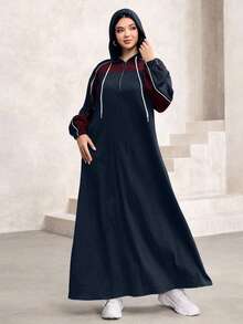 Modelyn 大码女式长袖抽绳连帽撞色喇叭优雅时尚连衣裙，秋冬款 - 藏蓝色 - 查看 7