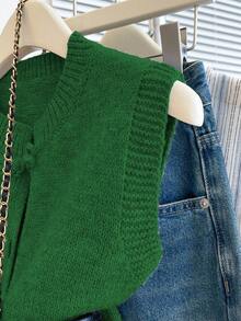 Franclia 休闲宽松圆领无袖灰色针织上衣，配中式盘扣，女士款，春秋季 - 墨綠色 - 查看 3