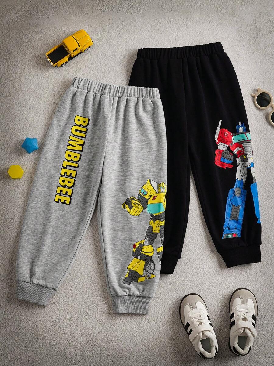 Transformers X SHEIN 两件套男童休闲字母机器人图案针织抽绳长款运动裤，黑色和灰色