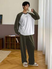 DAZY Men's Autumn Patchwork Color Block Graphic Tee And Elastic Waist Pants Loungewear Set - Green - View 5