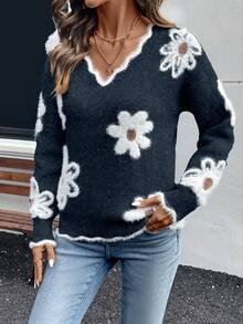 EMERY ROSE Women's Elegant Floral Pattern V-Neck Drop Shoulder Long Sleeve Sweater - Grey - View 3